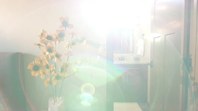 Master Bedroom Bathroom Door Open with Sun Flare Rising. shot rises on corner of master bedroom corner with bathroom door open and flower in foreground as sun flare shines through
