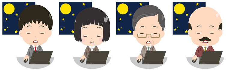 夜中にパソコンを使うビジネスマンセット　うとうと