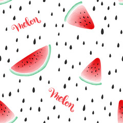 Cute seamless pattern with seeds, watercolor styled watermelon slices and melon lettering on white background. Vector illustration.