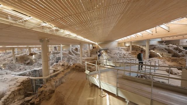 Excavation site of Akrotiri settlement on Santorini with walkway for visitors