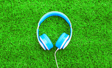 headphones on a green background, top view
