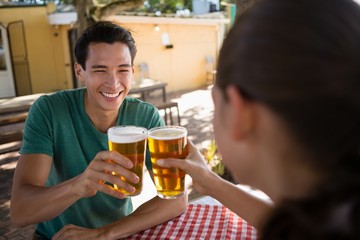 Smiling man toasting beer with friend