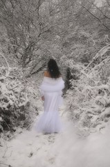 snowy mood of woman, white dress,