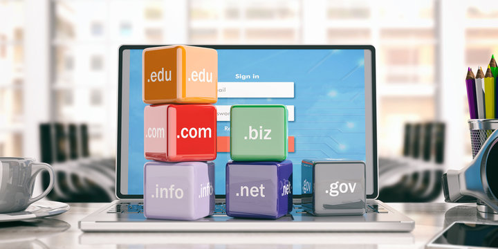 Domain names cubes in an office background. 3d illustration