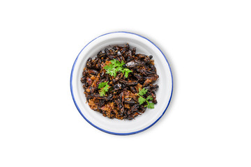 Food insect, Fried crickets in iron bowl isolated on white background, Thai food.