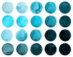 Set of blue watercolor hand painted circle isolated on white. Illustration for artistic design. Round stains, blobs mint color