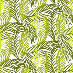 Green palm leaves vector seamless background.