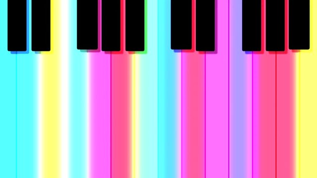 Looped 2d flat design colorful piano motion graphics. Rainbow color keys with glowing lights.