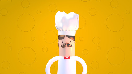 Cute chef cartoon character standing in front of a big cheese. 3d render picture.