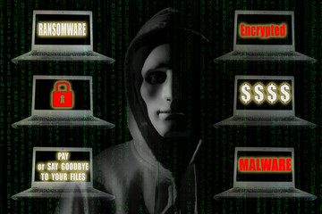 Ransomware Concept : Hacker with notebook computer showing sign relating ransomware and malware. Digital security technology concept.