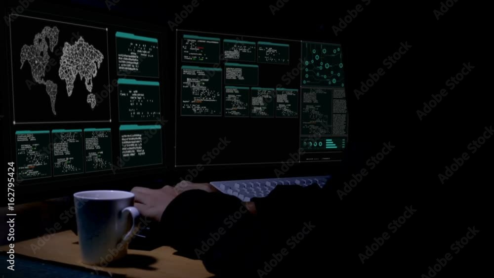 Poster hacker using computer with coding and interface in the dark room with ambient sound futuristic techn