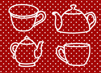 Kettles and mugs. The background is red, in white peas. This is a design work