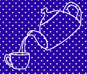 A kettle and a mug. Background blue, in white peas. The kettle pours water into the mug.