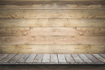 Empty wood shelf on old wood wall background,for product display.