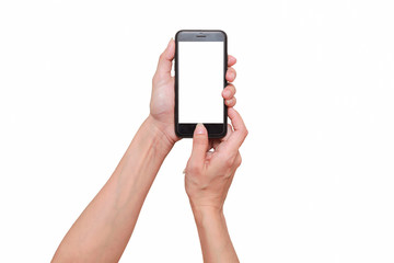 Closeup shot of a woman typing on mobile phone isolated on white background.