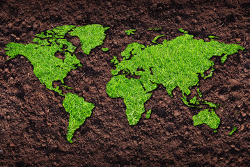 Grass of world map on soil background
