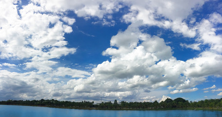 Sky and blue water of lake background.