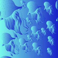 Naklejka premium Colored pattern with swiming jellyfishes in deep water. Natural pattern in blue colors.
