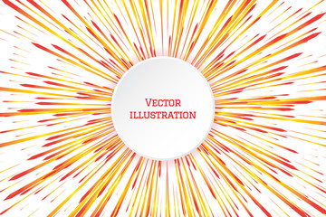 Obraz premium Speed line with red yellow gradient rays on white background. Festive abstract illustration with effect power explosion. Element of design. White circle banner in center for your text. Vector