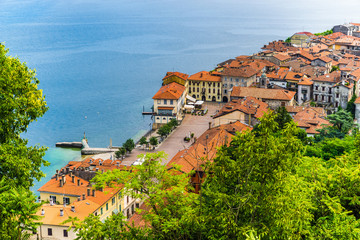 Lake Maggiore, Arona, historic center, Italy. Aerial view of Piazza del Popolo and the oldest and...