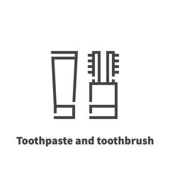 Toothpaste and toothbrush icon, vector symbol in line style isolated on white background. Editable stroke 48x48 pixel perfect.