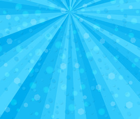 Radial speed lines with a upwards shifted center. Abstract fractal background with gentle blue rays, stripes. Zoom effect. Background with many falling tiny confetti pieces, bokeh. Vector
