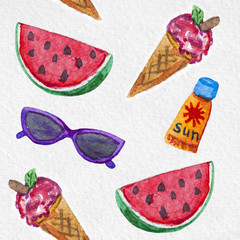Sunglasses, sunscreen, watermelon and ice cream summer watercolor pattern - 162801813