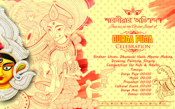 Goddess Durga in Subho Bijoya Happy Dussehra background with bengali text sharodiya abhinandan meaning Autumn greetings