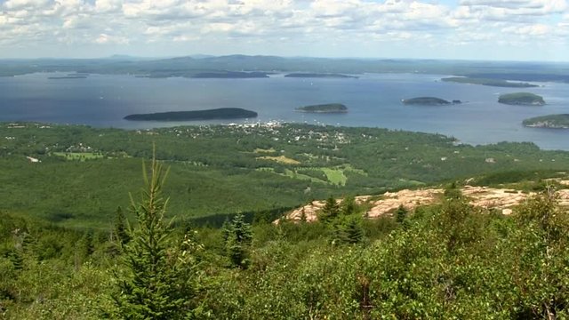View of Bar Harbor from top of Cadillac Mountain in Acadia National Park. Slow pan from left to right