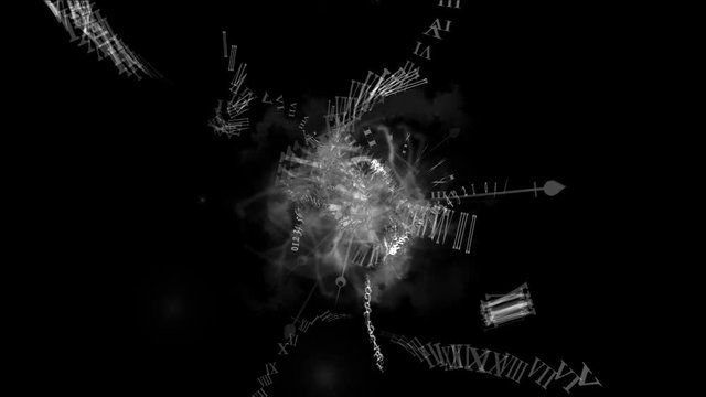 4k Spiral roman numerals characters letters array flying stars stage fireworks smoke,magnetic ribbons space,energy art fog particle background.