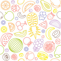 seamless pattern of various fruits, watermelon, pine apple, strawberry, berries, outline design suitable for banner or backdrop and wrapping paper