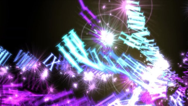 4k Spiral roman numerals characters letters array flying stars stage fireworks,magnetic ribbons space,energy art particle background.