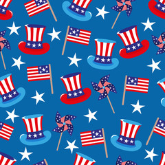 vector 4th of July seamless pattern with hats and flags