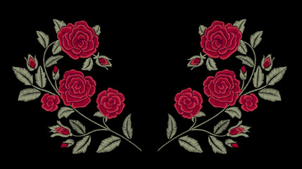 Embroidery. Red roses. Fashion design. Vector floral print. Flowers.