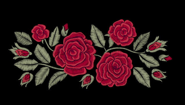 Embroidered flowers. Chic red roses. Fashion design. Vector floral print.