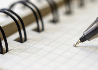 Black pen on the page of the notebook. Extreme close-up, selective focus.