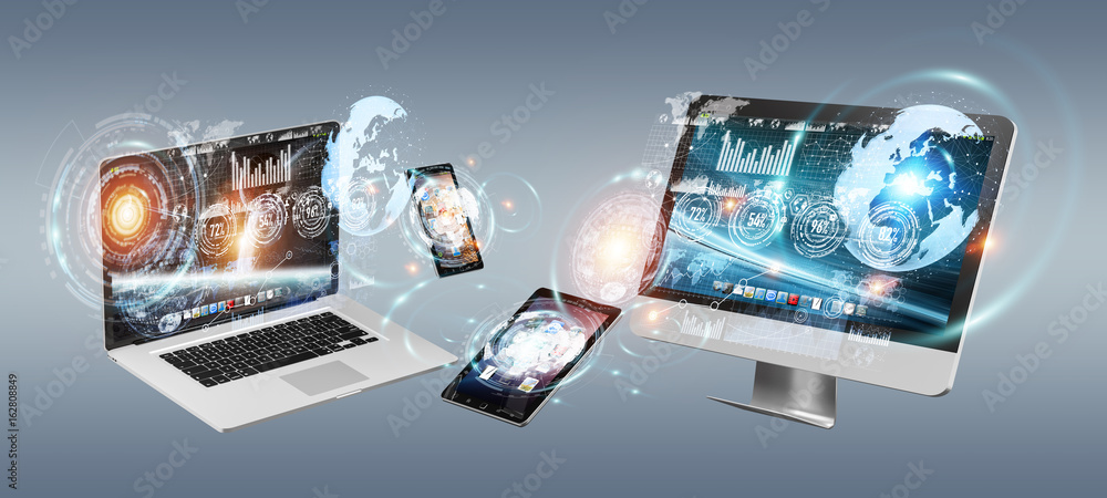Aufkleber tech devices with icons and graphs flying 3d rendering