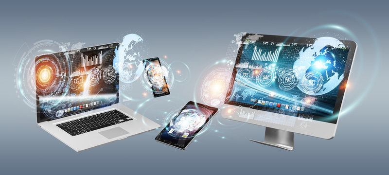 Tech devices with icons and graphs flying 3D rendering