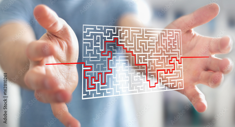 Poster Businessman searching solution of a complicated maze