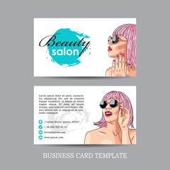 vector beauty salon card with woman wearing pink wig
