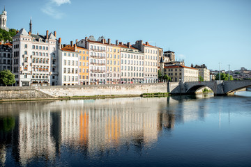 Morning view on the riverside with beautiful buildings in the old town of Lyon city