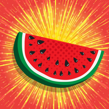 Juicy slice of watermelon. Yellow, shiny radial rays speed lines on bright red background with effect power explosion, like sun. Concept of Hello Summer. Fruit abstract background, vector illustration
