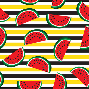 Seamless pattern of juicy slices of watermelon and horizontal stripes. Concept of Hello Summer. Fruit abstract background, vector illustration