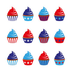 vector set of twelve cupcakes in blue and red colors