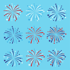 vector set of nine fireworks in blue, red and white colors