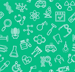 Medicine, green background, seamless, contour icons, vector. White, line drawings, medical services and instruments on a green field. Vector background.   