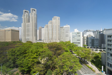 Fototapeta premium 東京都市風景 春 新宿中央公園と東京都庁 新宿高層ビル街