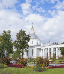 Fototapeta na wymiar Saints Peter and Paul Cathedral in Daugavpils, Latvia, catholic church in small European town in September