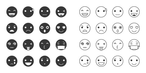 emoticon in various mood, outline and silhouette icon for use in application or website
