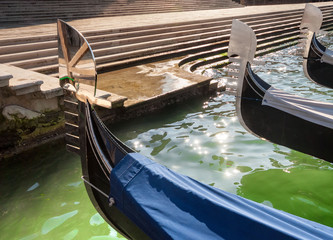 Three gondolas moored in the Grand Canal, Venice, Italy